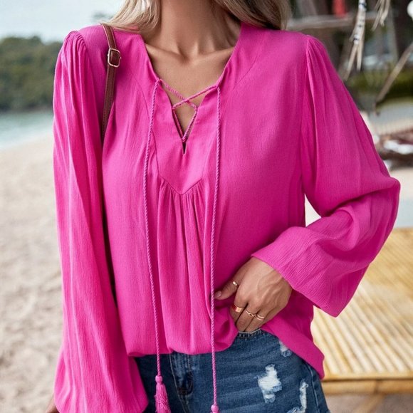 Pink boho  Womens Tie Neck  Blouse - Picture 1 of 5